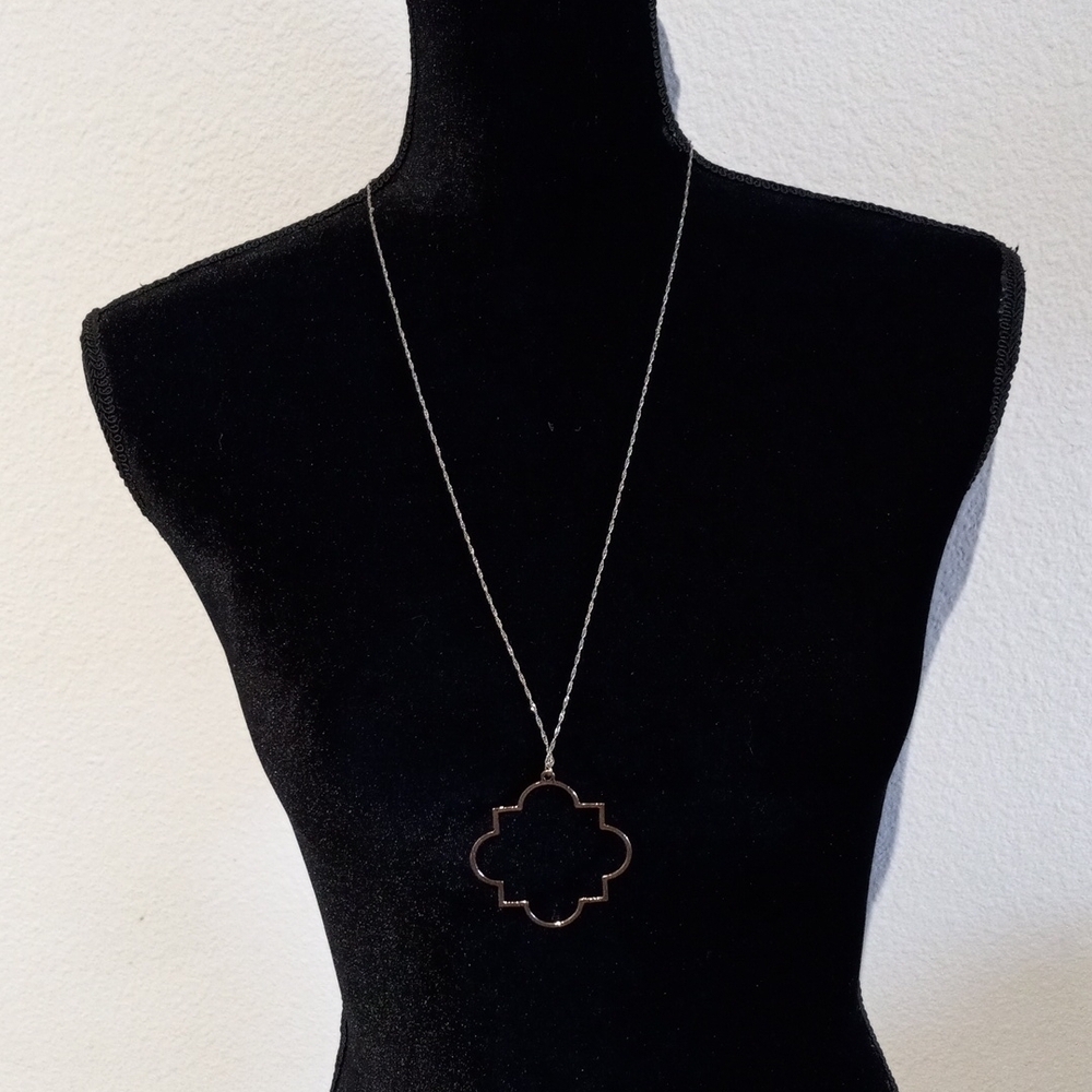 RARE and unique copper/rose gold shape on long silver necklace with extender